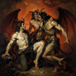 2 attractive male demons frolicking in hell. highly detailed painting by gaston bussiere, craig mullins, j. c. leyendecker, 8 k