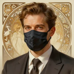 ultra realistic illustration, a male with fabric mask, suit and tie, intricate, elegant, highly detailed, digital painting, artstation, concept art, smooth, sharp focus, illustration, art by artgerm and greg rutkowski and alphonse mucha