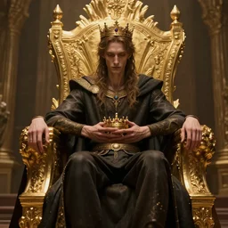 highly detailed portrait of a lonely thin man with a crown in his hands sitting on a golden throne, unreal engine, fantasy art by philippe bouchet