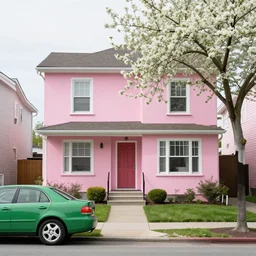 photo of pink suburban house, green car, tree with white blossoms, style of photographer william verbeek and kyle mcdougal, 3 5 mm film, kodak portra 4 0 0 film photography, late afternoon, photorealistic