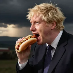 boris johnson eating a hotdog mouth wide open, side profile