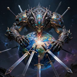 jormungandr eating the world, iridescent, beautiful, technological, galactic, hyper-detailed, mega-detailed, realistic, cinematic, octane render, concept art, dark, cosmic, ominous, dramatic, lovecraftian, symmetric, swords, colorful and dark