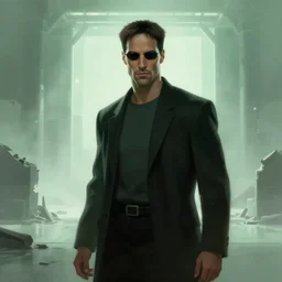 battle hardened, overpowering, pragmatic, charismatic character from the matrix, face centered portrait, confident, ruined cityscape, sterile minimalistic room, architecture, fog, volumetric lighting, illustration, perfectly shaded, greenish tinge, cold lights soft painting, art by krenz cushart and wenjun lin