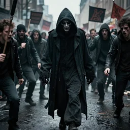 photo of the tired grim reaper central figure walking among angry rioters, sinister, horrorcore, riot, violent protest, hyper detailed, realistic, cinematic