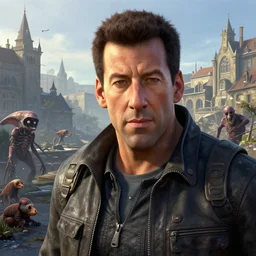 fallout 5, adam sandler closeup, portrait, outdoors european cityscape, atmospheric lighting, painted, intricate, volumetric lighting, beautiful, daytime, winter, clear weather, mutated wildlife, sharp focus, deep colours, ultra detailed, art by william turner