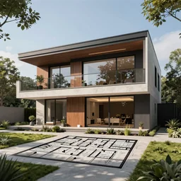 A floor plan to a modern contemporary home, multi-level
