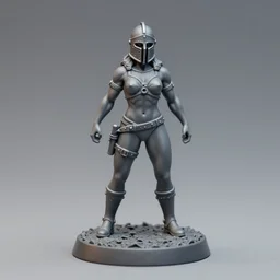 80mm resin detailed miniature of a helmeted muscular woman in full-face iron helmet, navel, boots , on textured disc base; Product Introduction Photos, 4K, Full body, view from front