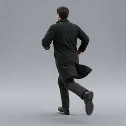 a man running away with his back to the viewer wearing a black coat, full body view, back view, isolated, hyper realistic, 3 d render
