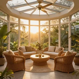 Sunroom-with-wicker-furniture, breathtaking-interior-design, golden-hour, exotic, opulent, interior-lighting, stunning-design, dynamic cinematic lighting, interior design with soft lighting, extremely detailed, hyperrealism, 4k, dramatic, cinematic, architectural visualization with a lot of detail, volumetric lighting, 8k, unreal engine