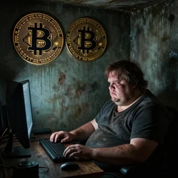 typical cryptocurrency nerd, bitcoin decals on wall, sitting in front of the computer, shilling, dark basement decay, fat and dirty, scruffy looking, claustrophobia, humidity in walls, award - winning photomanipulation