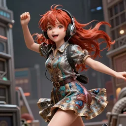 complicated dynamic composition,realistic anime style at Pixiv CGSociety by WLOP,ilya kuvshinov,krenz cushart,Greg Rutkowski,trending on artstation. Zbrush sculpt colored,Octane render in Maya and Houdini VFX,cute young redhead girl in motion, expressing joy, dress,headphones,silky hair, deep eyes.In cityscape.Amazing textured brush strokes.Cinematic dramatic atmosphere,sharp focus, soft volumetric studio lighting.