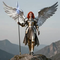 full - body matte portrait of a red haired angelic valkyrie with huge silver wings in a heroic pose, wearing thick bronze plate armor at the top of a mountain, holding a spear made of lightning, art by albert bierstadt, alphonse mucha, andreas rocha, greg rutkowski, sharp edges. ultra clear detailed. 8 k. elegant. octane render