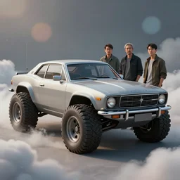 ugly concept design of a classic car converted into offroad sport. car design by cory loftis, fenghua zhong, ryohei hase, ismail inceoglu and ruan jia. len blur background bokeh. art by artgerm and filip hodas. clouds by rhads. 3 d render, surrealism, hyperrealism.