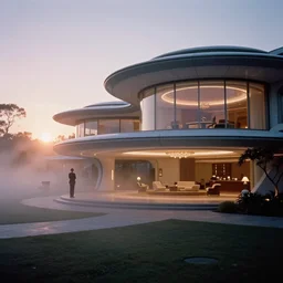 photorealistic close up shot cinematography of a beautiful futuristic house with twilight zone host rod serling far away in the background shot on film at magic hour with the sun shining into a large 6 0's hotel lobby room filled with volumetric haze by the shining cinematographer john alcott on a cooke panchro 6 5 mm macro lens.