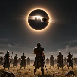 a total solar eclipse fills the sky, warriors on an ancient battlefield stop and look up as the sky goes dark. 5 0 0 bc. clear, detailed, well composed beautiful painting by michael whelan and artgerm and greg rutkowski, dramatic lighting, rich colors.