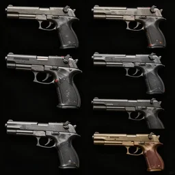 full color page scan of various photorealistic!! game asset reference of firearms, digital art, handguns, highly detailed, illustrations on black background, in matte painting, 2 d, kitbash, 4 k