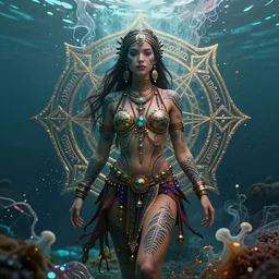 a centered full body render of an alluring festival hippy with tribal tattoos wearing intricate metallic clothing surrounded by a underwater ink pour and flowing liquid gallium and sacred geometry, perfect body and face, gorgeous, cinematic, beautifully lit, by miho hirano, by karol bak, by donato giancola, 3 d, trending on artstation, octane render, 8 k
