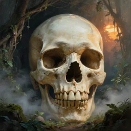 hyperrealistic frazetta painting ,oversized giant skull front as a cave , foggy jungle ,sunset backlight