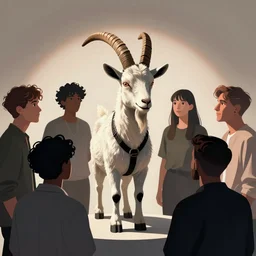A satanic goat being surrounded and worshipped by Several diverse millennial hipsters, in the style of Corporate Memphis, Alegria style, Buck Studios artwork, gradients, simple, minimalist, medium shot