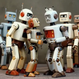 middle shot, robots are in love with each other pose for a photo, circa 1 9 8 4