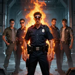 burning police officer in sci fi prison, tristan eaton, victo ngai, artgerm, rhads, ross draws