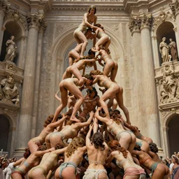 hundreds of undressed women climbing on each other, incredible catalan human tower highly detailed, digital painting, matte, like a incredible giant sculpture at the kingdom of julius caesar, no clothes, roman historic works, hyper - detailed, world renowned artists, historic artworks society, antique renewal, intricate, sharp focus, art by wlop, greg rutkowski, alphonse mucha, frank frzetta, boris vallejo, bouguereau, beksinski, cinematic, octane render - h 1 2 8 0