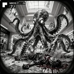 camera footage of a extremely aggressive Giant mutated Octopus with glowing white eyes in an abandoned shopping mall, Psychic Mind flayer, Terrifying :7 , high exposure, dark, monochrome, camera,  grainy, CCTV, security camera footage, timestamp, zoomed in, Feral, fish-eye lens, Fast, Radiation Mutated, Nightmare Fuel, Wolf, Evil, Bite, Motion Blur, horrifying, lunging at camera :4 bloody dead body, blood on floors, windows and walls :5