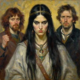 portrait of a furious female shaman goddess wizard, oil on canvas, by jeffrey catherine jones and denis sarazhin and mucha
