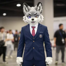 wolf furry costume with a presidential suit, convention photo
