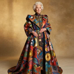 elderly woman dressed in extremely colorful clothes with many strange patterns posing for a high fashion photoshoot, haute couture, golden hour, artstation, by J. C. Leyendecker and Peter Paul Rubens