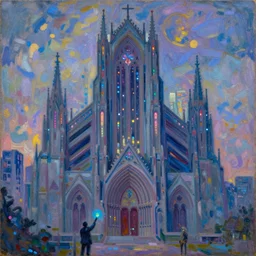 a cyberpunk cathedral by dan mumford and claude monet, oil on canvas