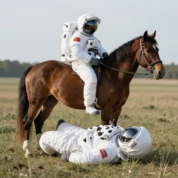 horse sits on a lying astronaut, highly detailed