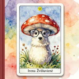 A watercolor art of animal in shape of mushroom with glasses, illustration by Irena Žviliuvienė, book cover, colorful background, 4k resolution, hugh detailed, matte painting, tarot card style