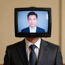 TV covering the head of man in suit