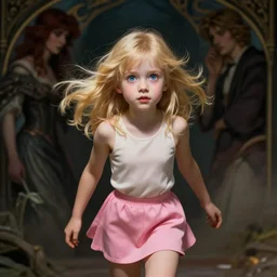 a photorealistic dramatic fantasy render of adorable young girl, blonde hair, blue eyes, in pink short mini skirt, by wlop, artgerm, greg rutkowski, alphonse mucha, beautiful dynamic dramatic sense of awe, lighting, shadows, cinematic atmosphere, artstation, concept design art, octane render, 8 k