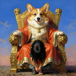 corgi dog as a chinese god sitting on a glorious throne, a person bending knee front of him worshipping him, 1 7 th century, digital art, wet - on - wet technique, realistic, expressive emotions, intricate textures, illusionistic detail, peter mohrbacher, epic, artstation, vivid sky, junji ito, detailed hands, detailed faces,