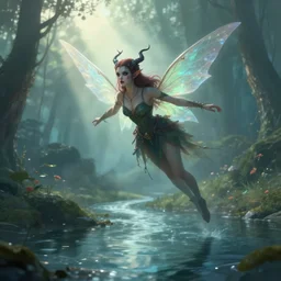 evil fairy flying over a river, digital art, fantasy, light