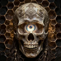deaths reflection in the eye of an undead god, studio portrait, honeycomb structure background, intricate detail, high precision, glowing light, whealan,