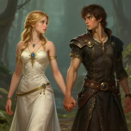 young male and female, holding each other hands, by thomas cole and wayne barlowe, bodyshape by kyu yong eom, 8 k, high detail, fantasy art, dnd, artstation,