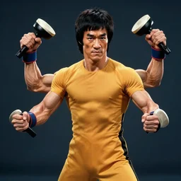 bruce lee with four arms and holding two nunchucks, hyperrealism, artstation, 4 k