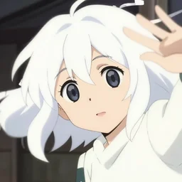 anime film visual of a young girl with white hair cute face by ilya kuvshinov, makoto shinkai, kyoto animation, dynamic perspective and pose, detailed eyes, less nose, crisp and sharp cel shade