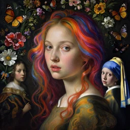 a closeup portrait of one beautiful kpop goddess with swirling vivid coloured hair and a wall full of flowers and butterflies in the background, painted by botticelli, rachel ruysch, vermeer and ambrosius bosschaert, hyperrealism, dark, dramatic lighting, swirly paint, analogous complementary colour scheme, trending in artstation, octane, rendered