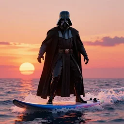 darth plagueis the wise on a surfboard at sunset, vaporwave aesthetic, highly detailed