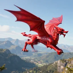 a welsh red dragon flying in the air with mountains in the background using unreal engine