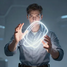 pulp sci - fi art, engineer creating light shapes with hands still from isaac asimov and francois schuiten and dan hillier