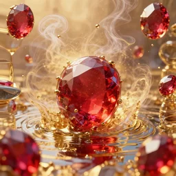 vivid conceptual dream of resonating joy, gold, ruby, glass, water, vaporwave, HDR, octane render, 8k, 4k