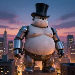 giant doge looming over retro city, composition, artwork, money, fat robot, top hat, dusk, night, tall hat, sky, buildings, realistic
