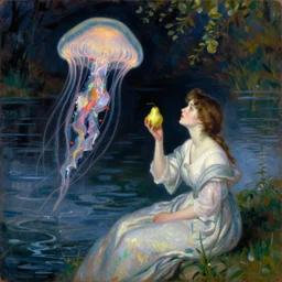 vintage beautiful painting of a big jellyfish monster attacking a woman on a river protecting herself with a pear in Mary Cassatt style