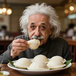 A photo of Albert Einstein eating Idli Vada, highly detailed, trending on artstation, bokeh, 90mm, f/1.4