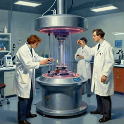 teleportation machine in a laboratory, with two people in white lab coats testing it out by arthur adams, style of avant - garde